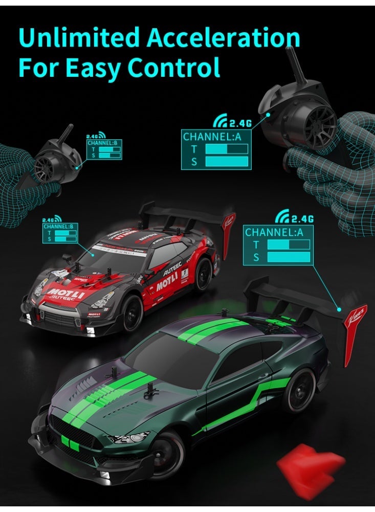 سيارة درفت راديو كنترول 1:18 مع دفع رباعي 4WD، بتردد 2.4GHz، سرعة عالية تصل إلى 20 كم/س، سيارة رياضية للسباقات مع أضواء LED وعجلات للسباق والدرفت - Image 5